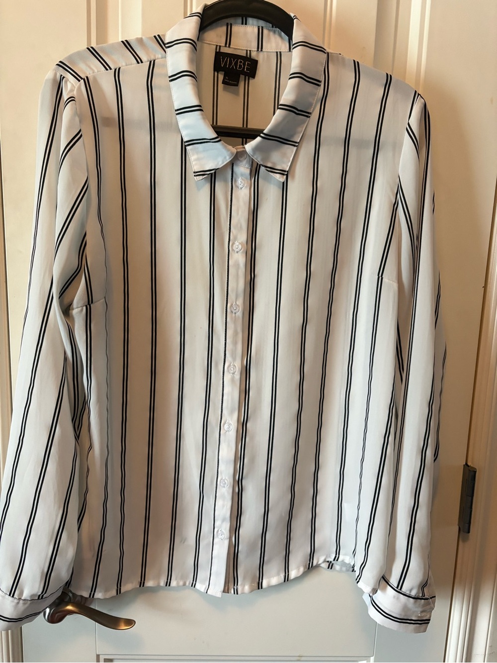 Vix White Button-Front Shirt with Black Pinstripes